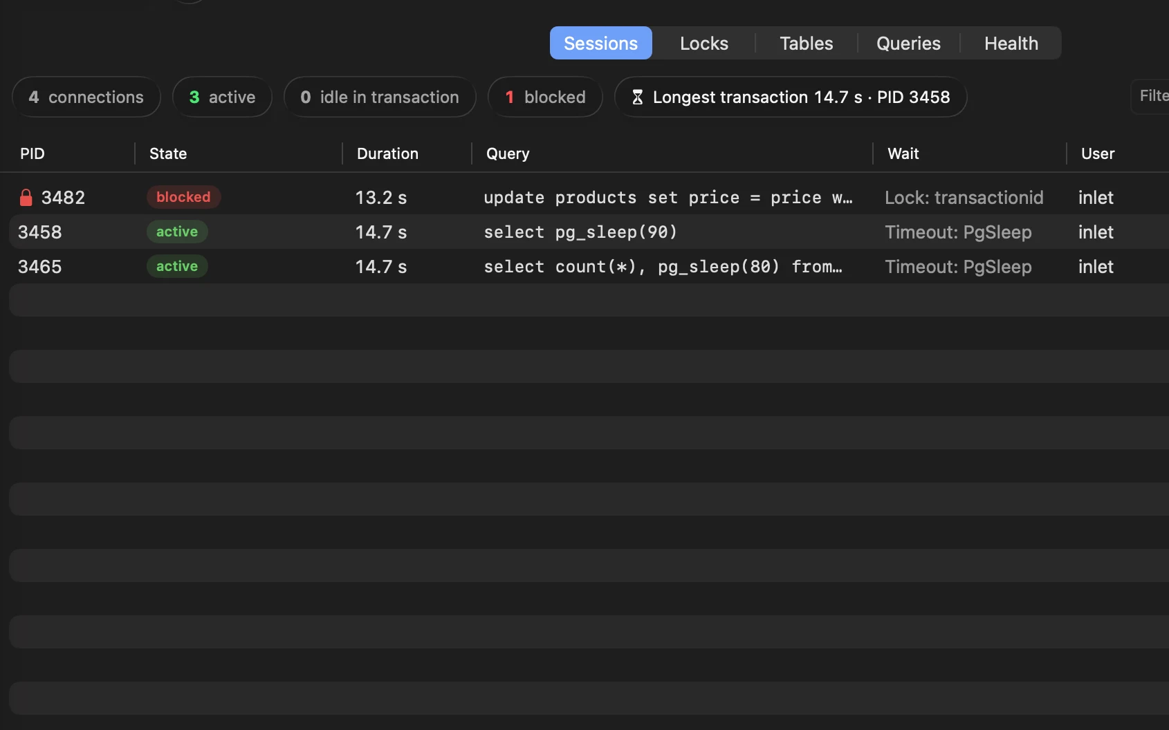 Live sessions, with one blocked waiting for another’s lock