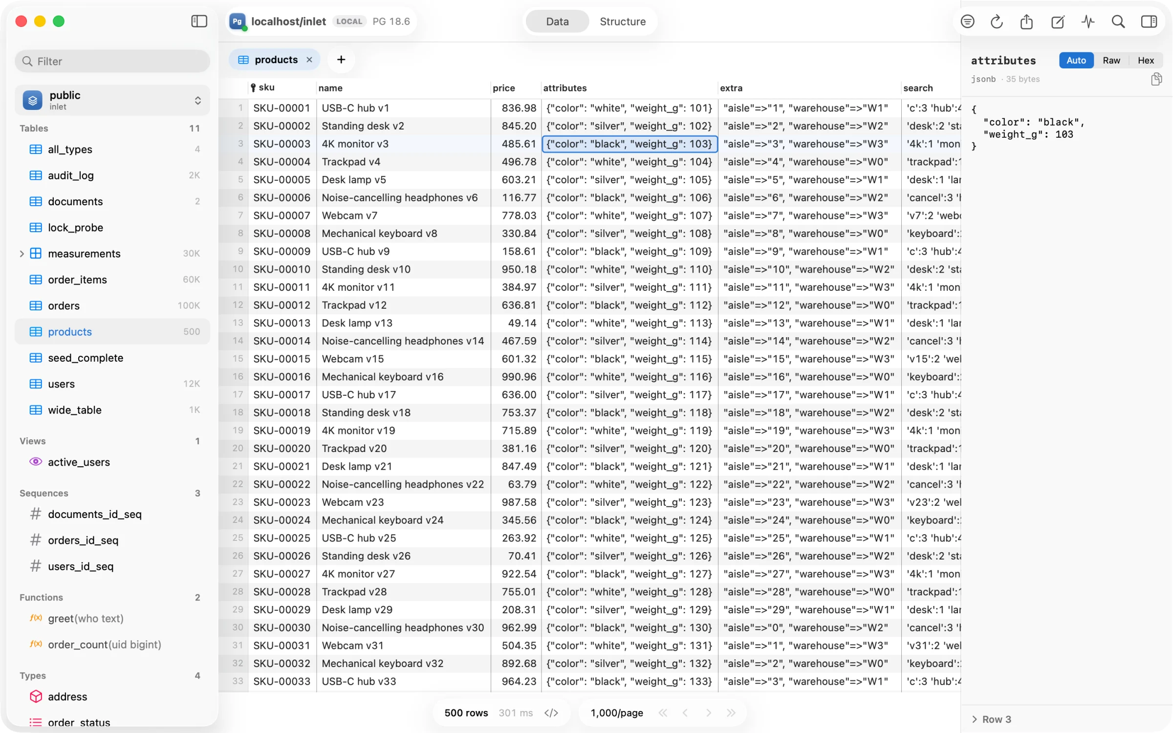 Inlet in light mode, showing a products table