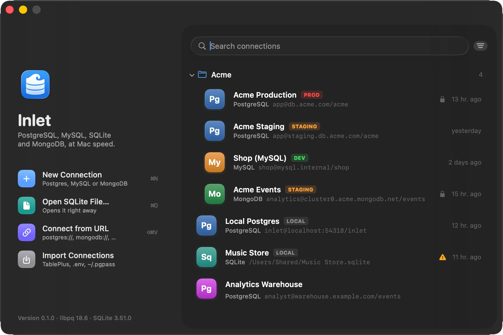 Inlet’s Welcome window listing PostgreSQL, MySQL, MongoDB and SQLite connections